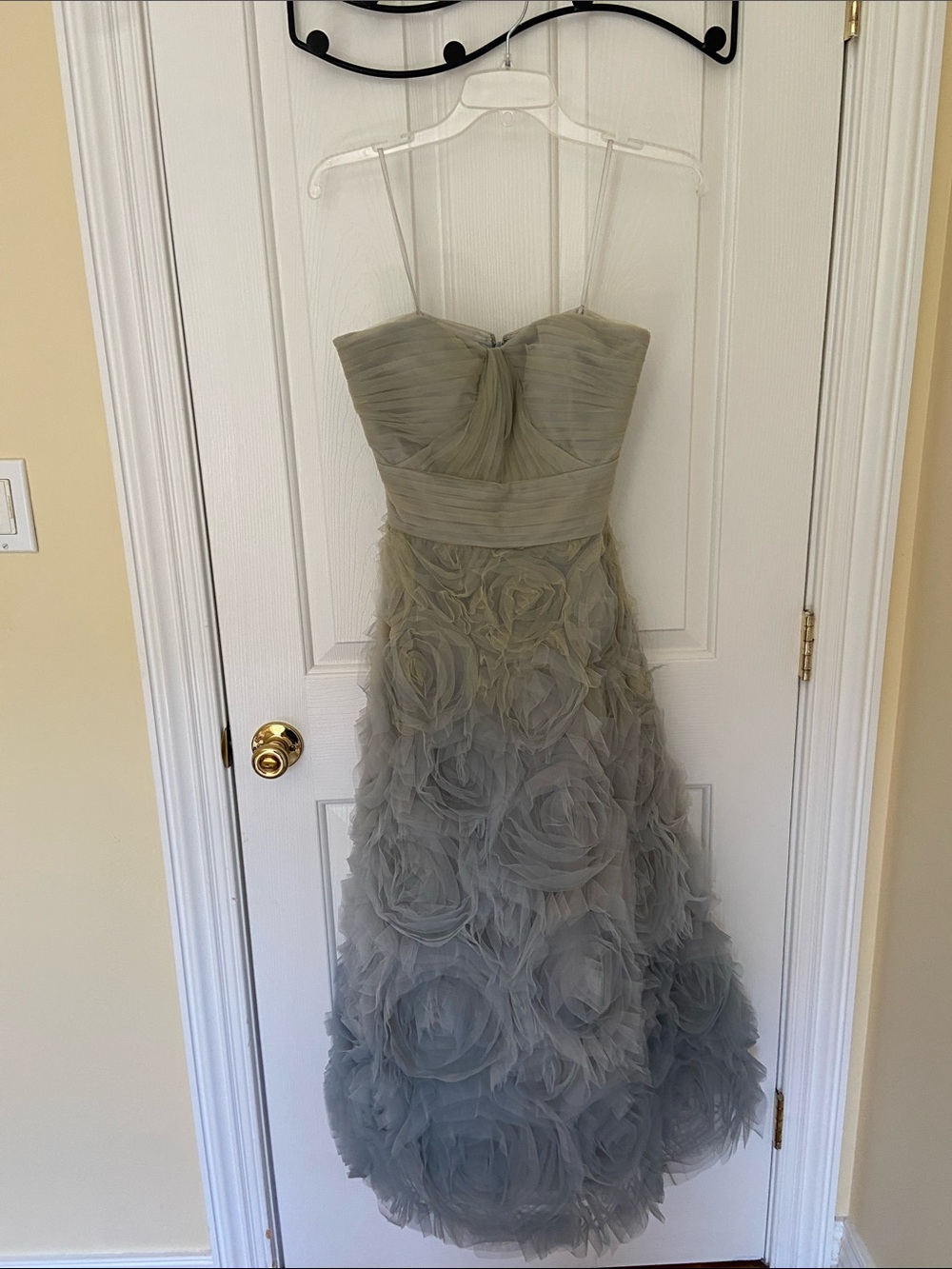 Marchesa Strapless Gray Floral Rosette A-Line Gown